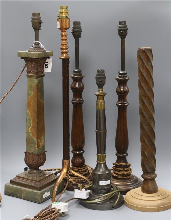 An onyx table lamp, a pair of lamps and three others tallest overall 61cm